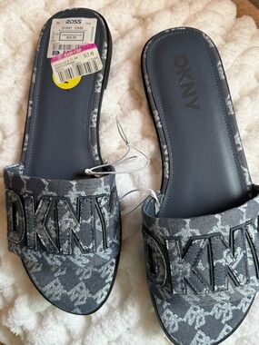 DKNY Gray Monogram Slide Mules with Embroidered Logo